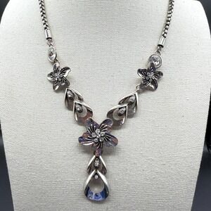 Silver Tone Flower Rhinestone Y Drop Necklace Crystal Statement Boho Necklace